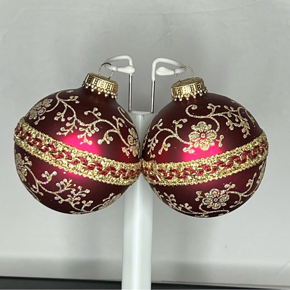 VTG Christmas by Krebs Burgundy Red Silver & Gold Ribbon Trimmed Glass Ornaments - Picture 2 of 8